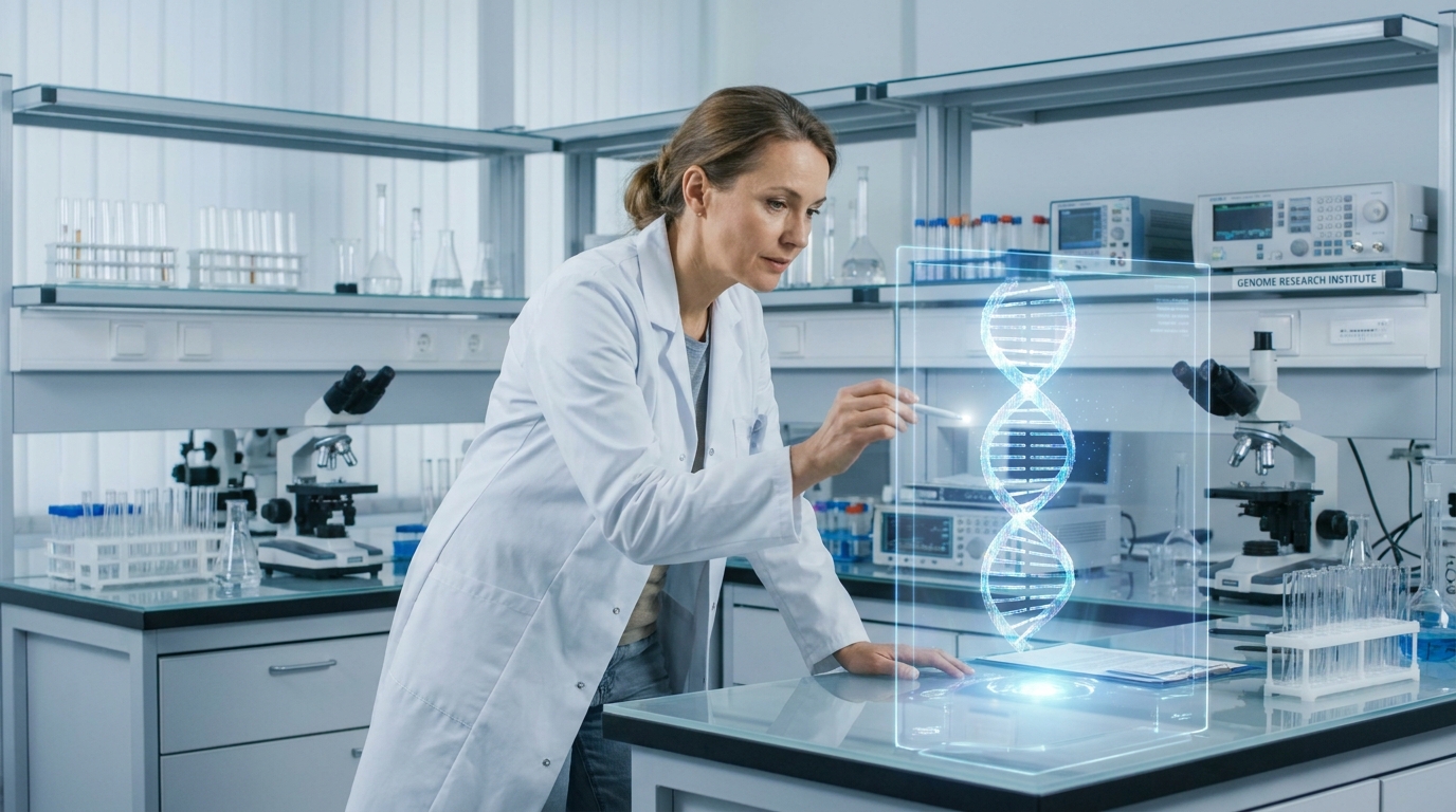Scientist in a modern laboratory examining a DNA helix visualization
