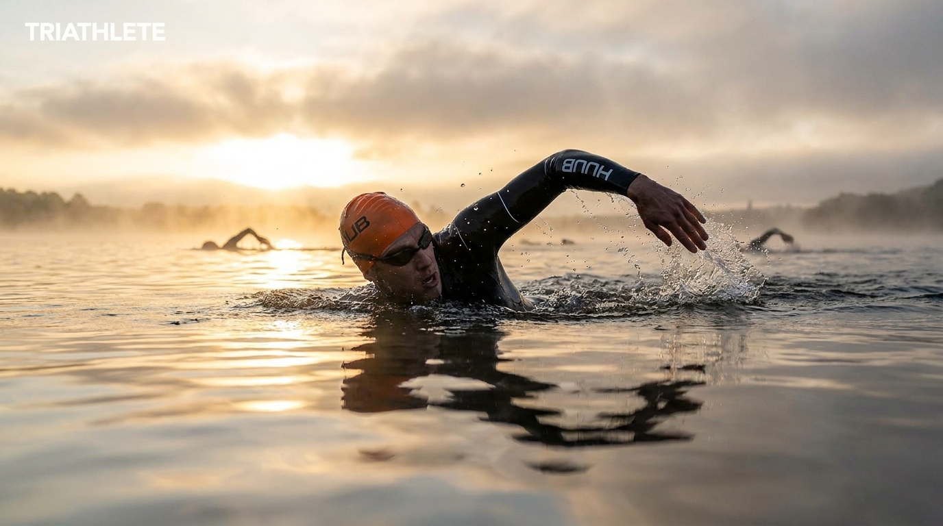Triathlete in a HUUB wetsuit swimming in open water during early morning golden hour light