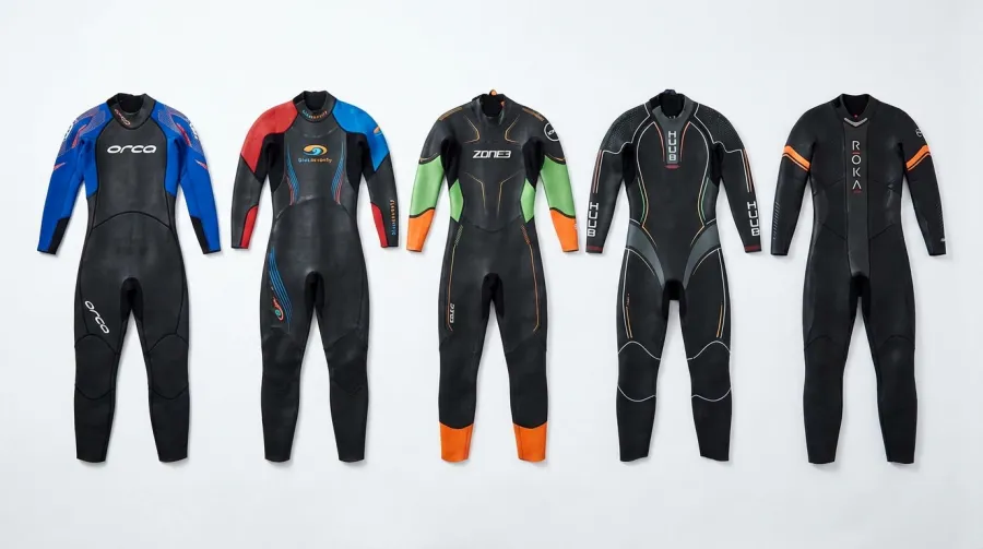 Triathlon wetsuits laid flat showing varying neoprene panel thicknesses and construction