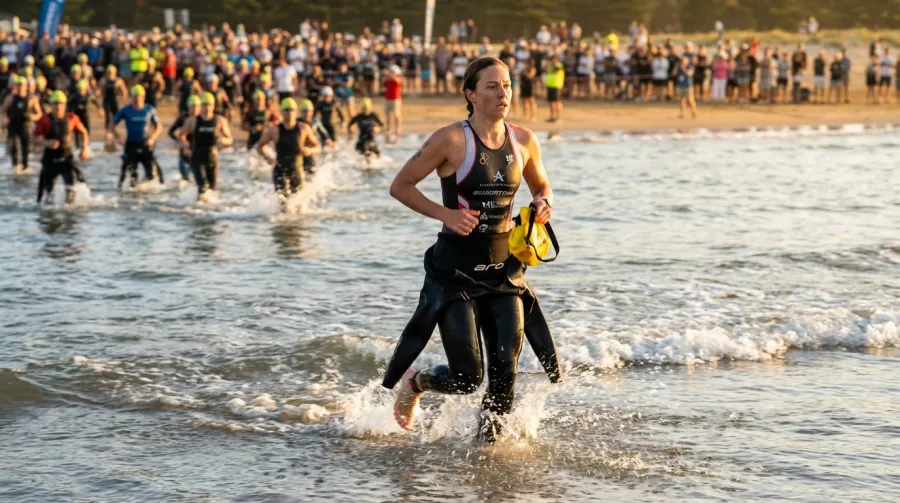 Triathlete exiting water in wetsuit during open water swim leg of a race