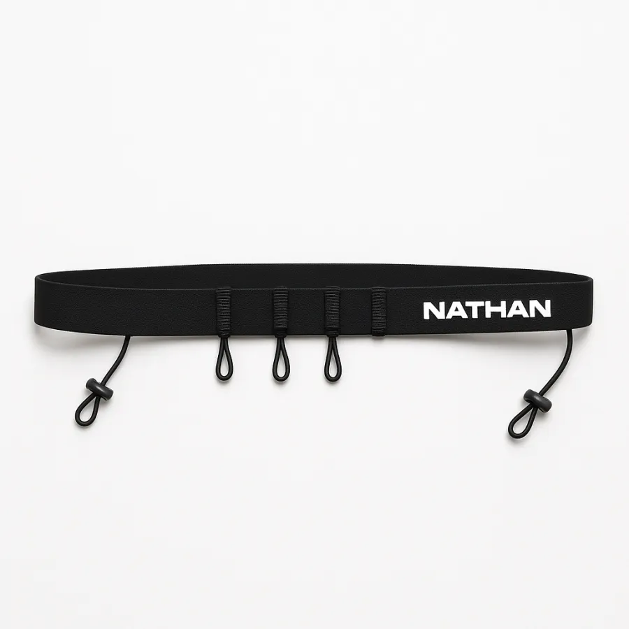 Nathan Race Number Nutrition Waistbelt — minimal black belt with white Nathan logo