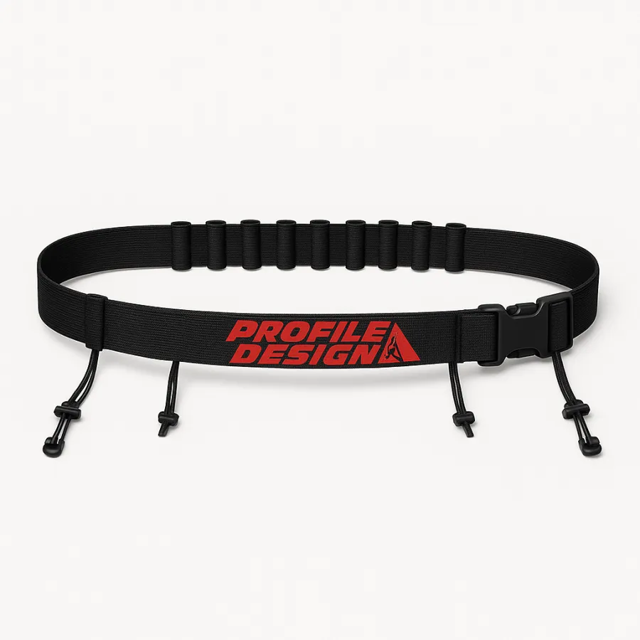 Profile Design Gel Race Belt — black belt with red Profile Design logo and 12 gel loops