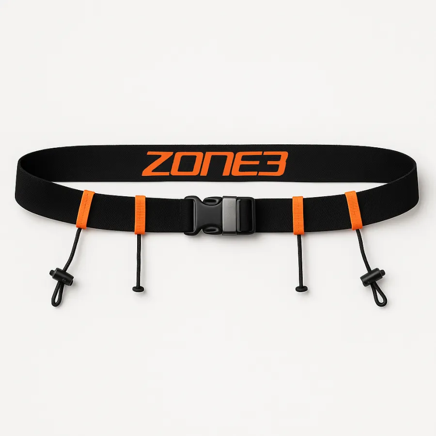 Zone3 Elastic Race Belt — black elastic belt with orange Zone3 logo and orange gel loops