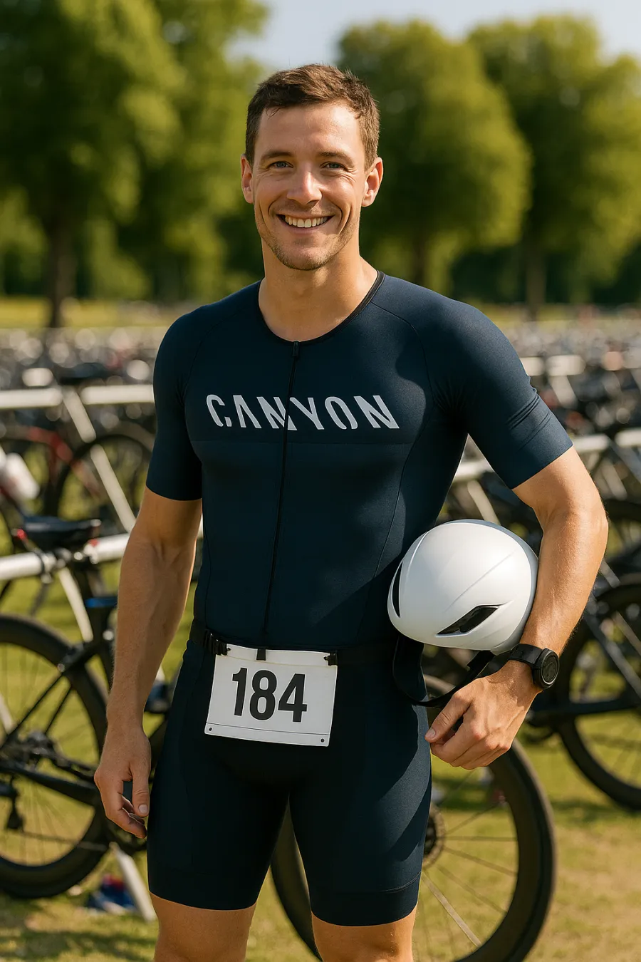 Triathlete in transition area wearing a race number belt with bib clearly visible