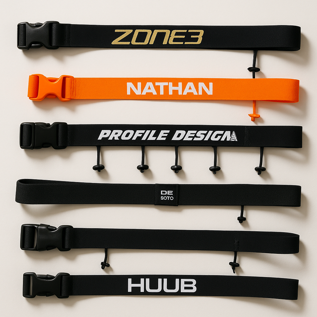 Flat lay of five top triathlon race belts including Zone3, Nathan, Profile Design, De Soto, and HUUB