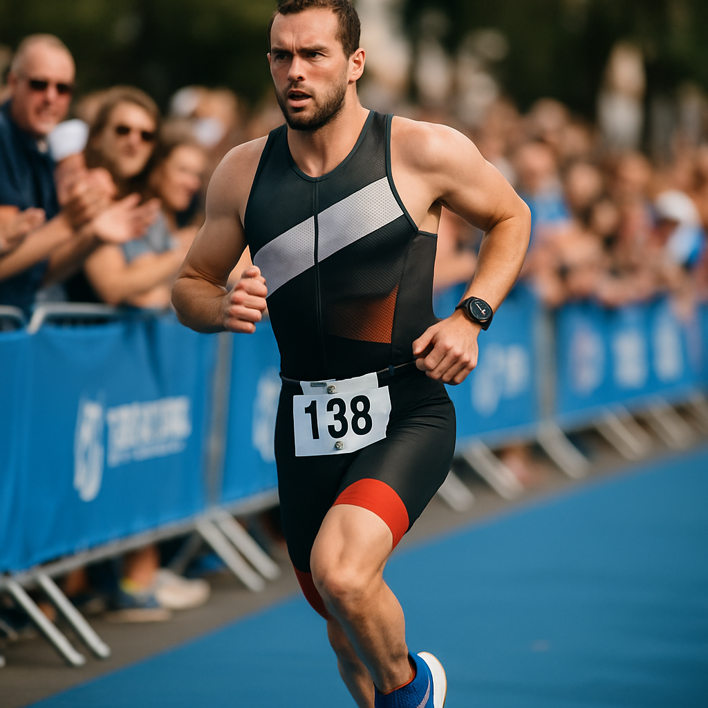 Triathlete running out of T1 transition wearing a race number belt with bib number facing front