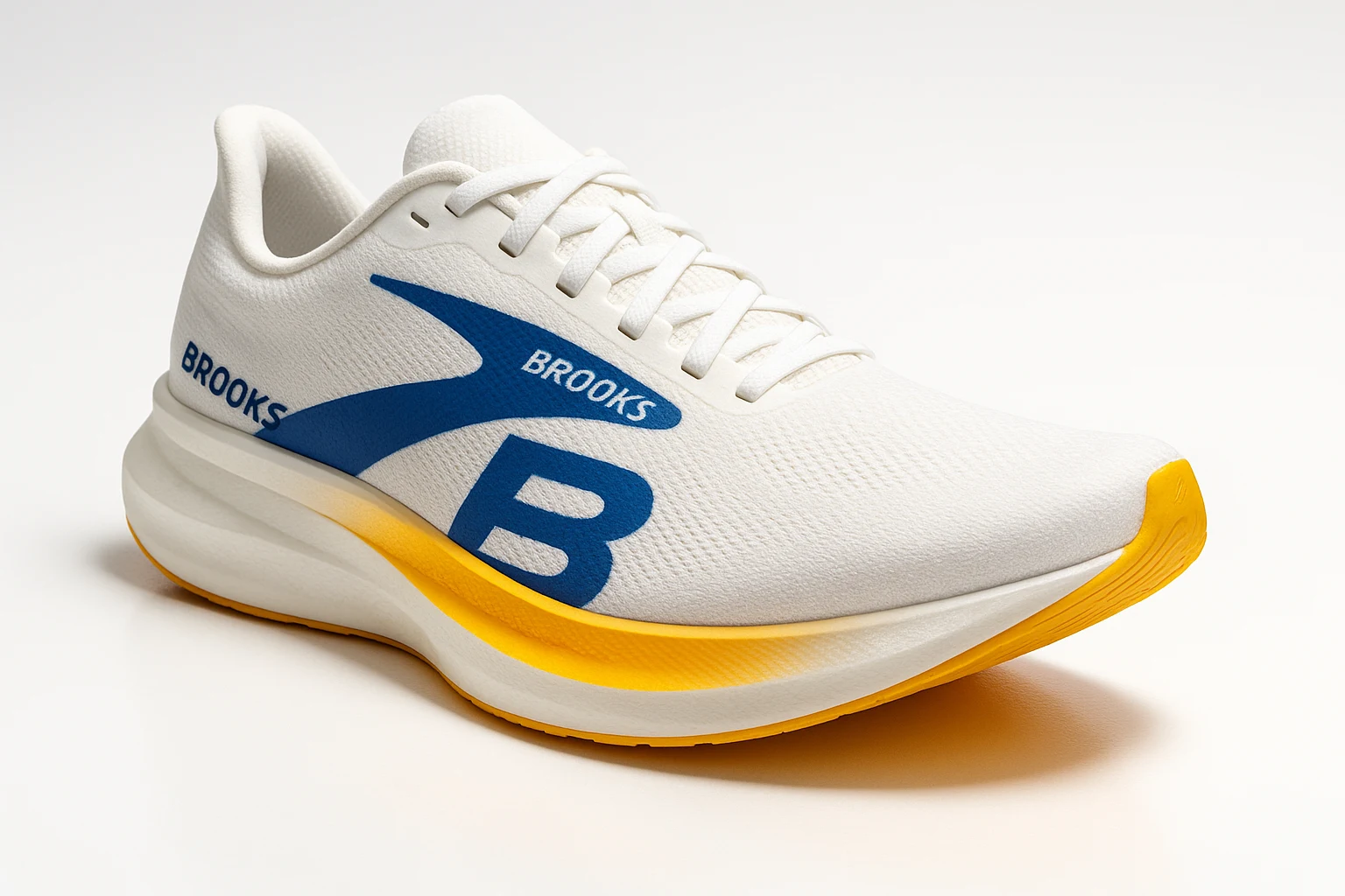 Brooks Hyperion Max 2 running shoe — white with cobalt blue Brooks logo and yellow-orange midsole accents