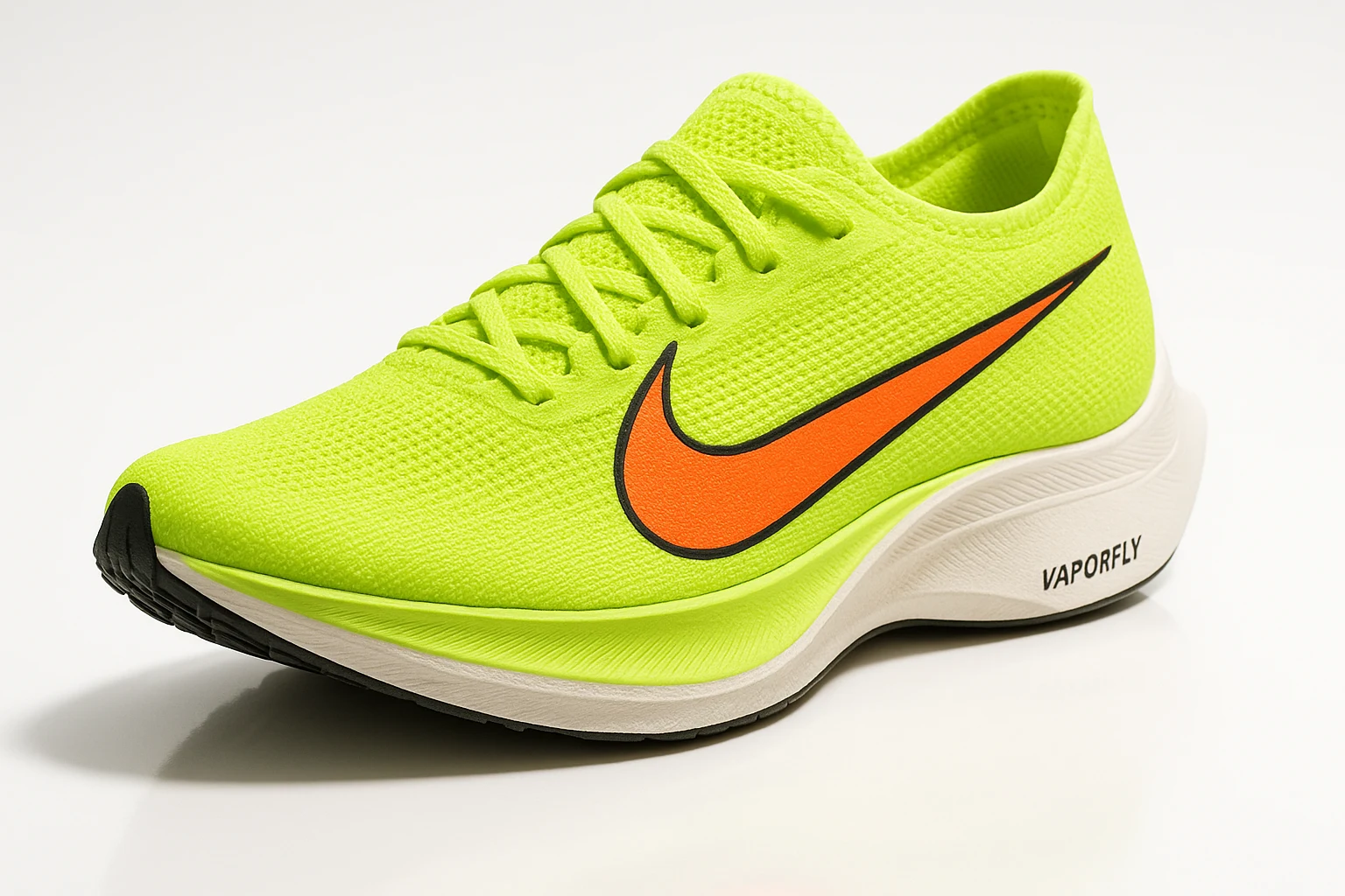 Nike Vaporfly 4 running shoe — neon volt green with orange Nike swoosh and ZoomX foam midsole