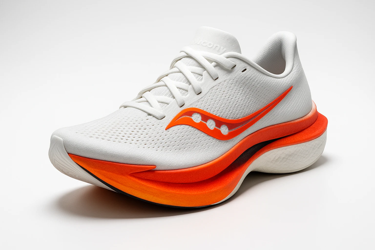 Saucony Endorphin Elite 2 running shoe — white upper with orange midsole gradient and Saucony S-logo