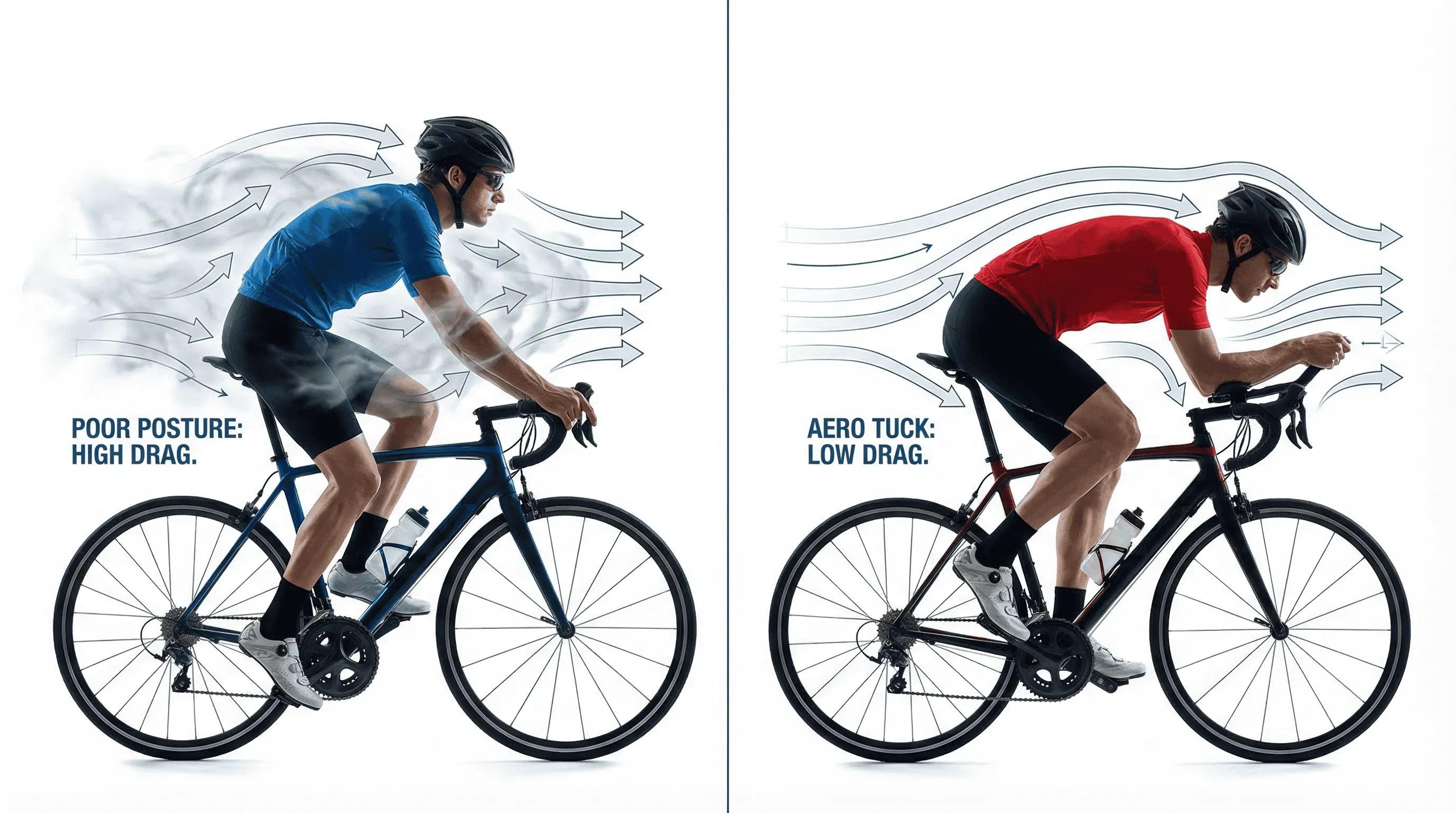 Side-by-side comparison of poor upright cycling position versus optimal aero tuck position with drag visualization