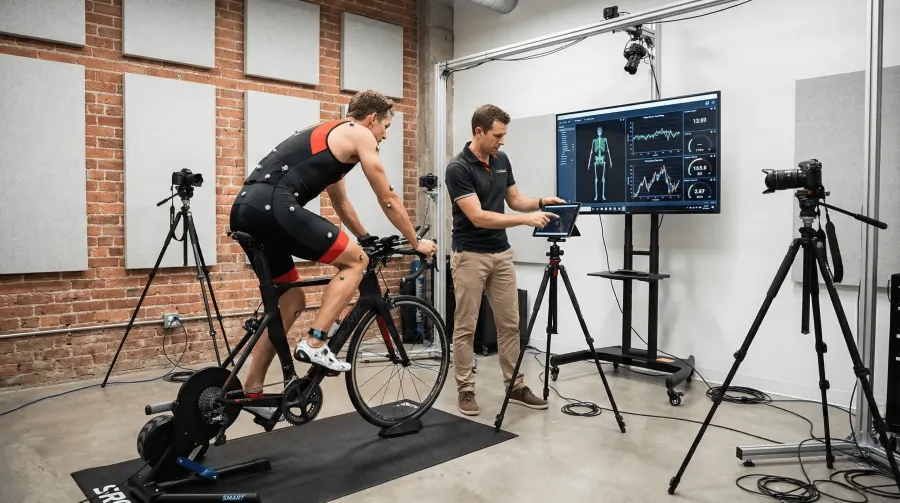 Professional bike fitting studio with triathlete on trainer being analyzed with motion capture and computer systems