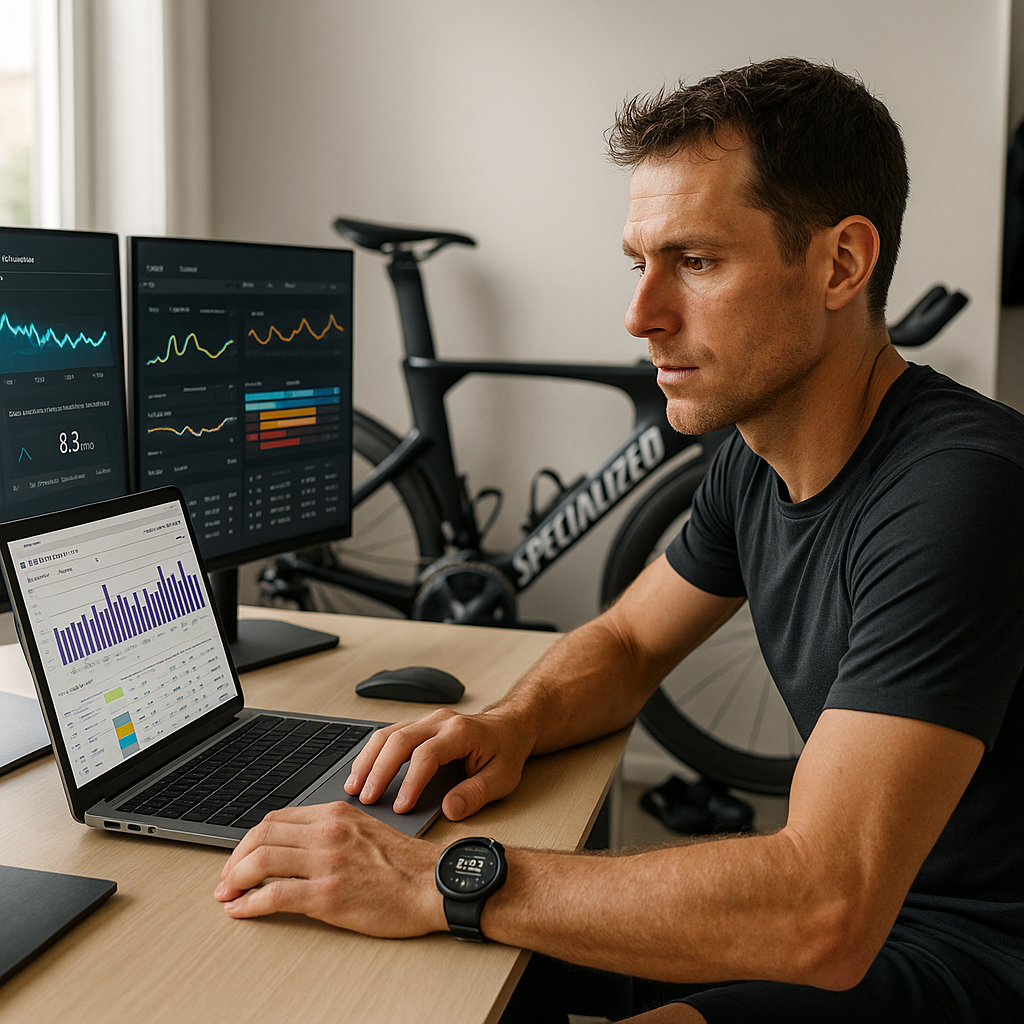 Triathlete reviewing AI training data on laptop with Specialized bike in background
