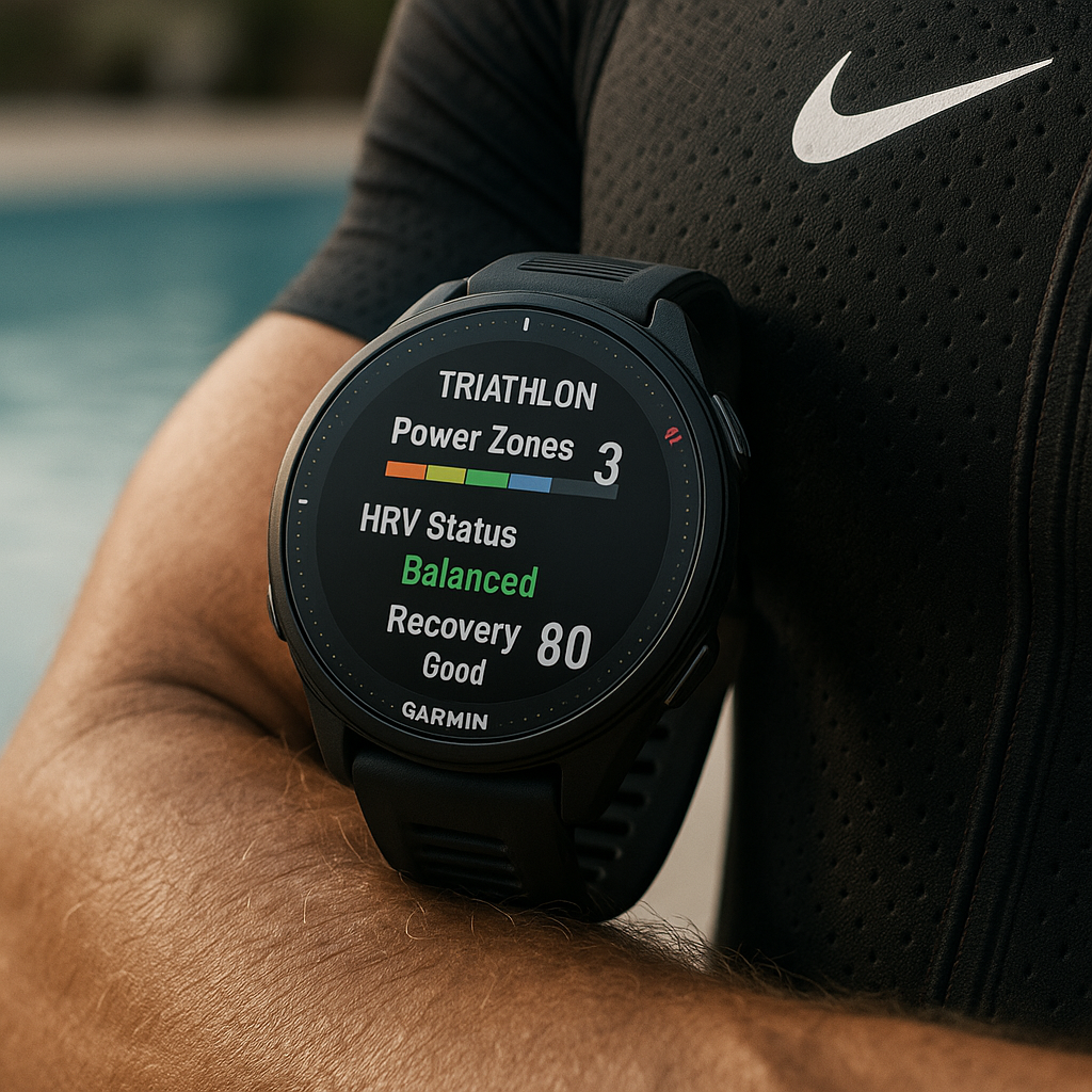 Garmin Forerunner watch showing HRV and training data