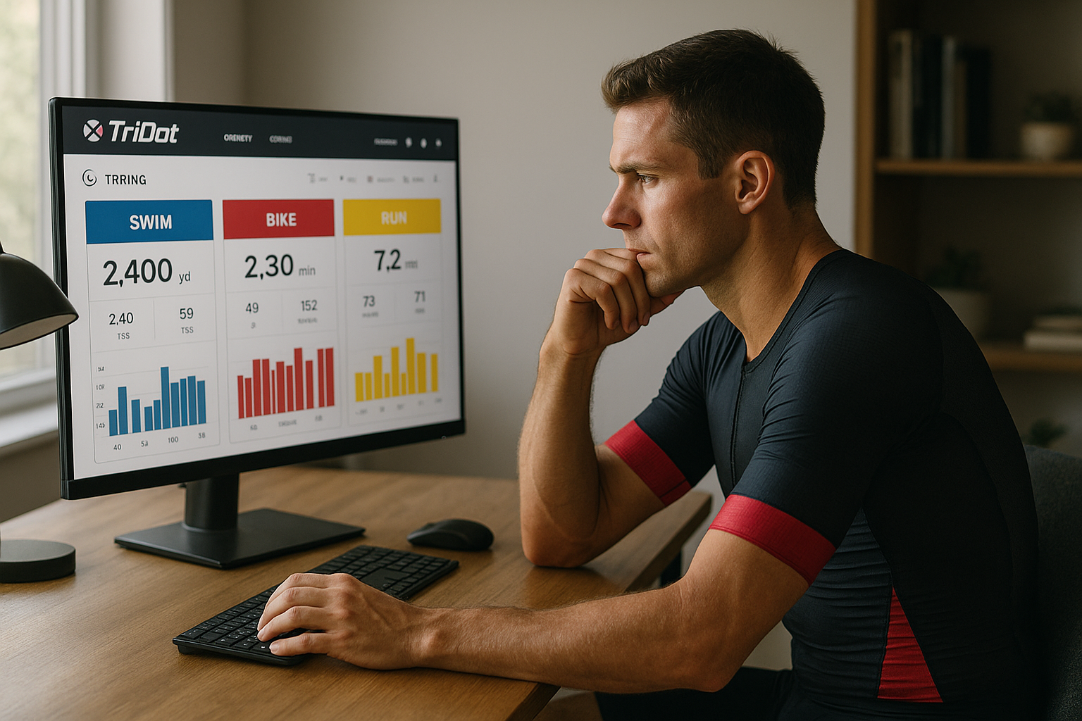 Triathlete reviewing AI coaching data on a training platform dashboard