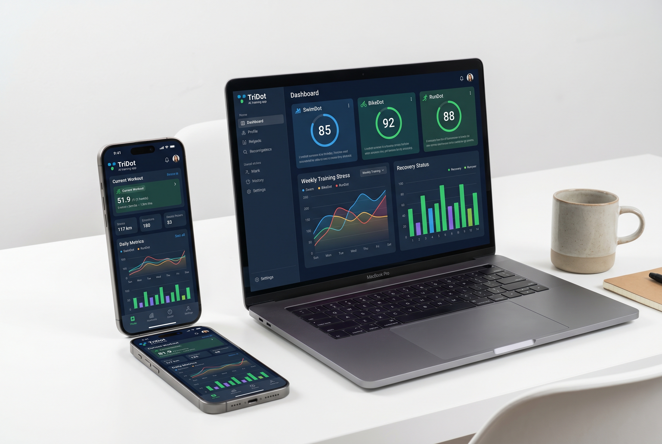 TriDot AI training app displayed on iPhone and MacBook showing detailed triathlon metrics