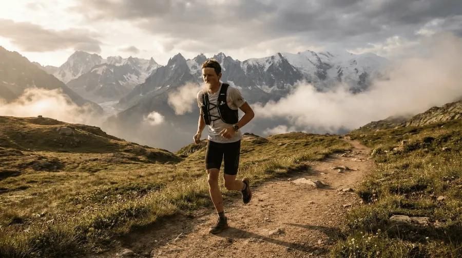 Elite triathlete running at high altitude on a mountain trail with snow-capped peaks and alpine meadows in background