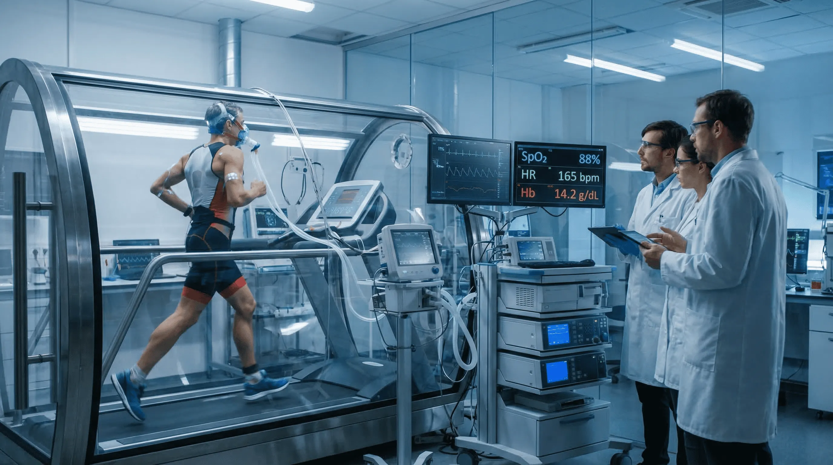 Sports scientist monitoring a triathlete on a treadmill inside a hypobaric chamber with blood oxygen and haemoglobin data on screens