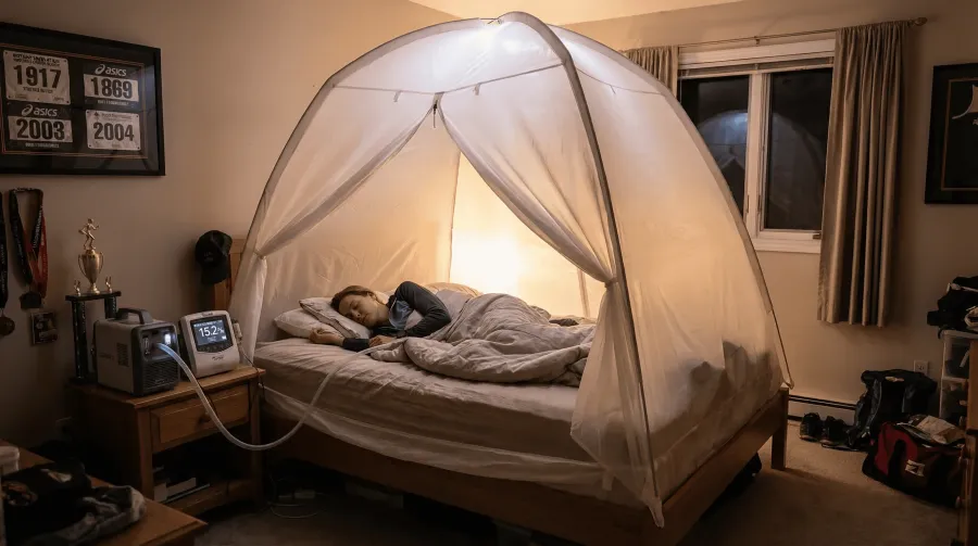 Altitude simulation tent covering a bed in a bedroom with a hypoxic generator and oxygen monitor on the nightstand