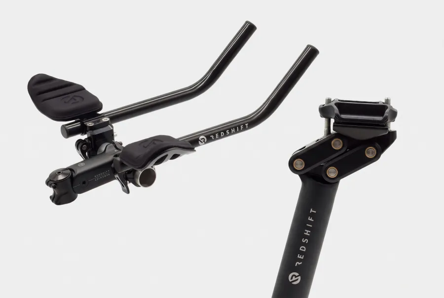 Redshift Sports Switch Aero System showing the quick-release aerobar and dual-position seatpost side by side on a white background