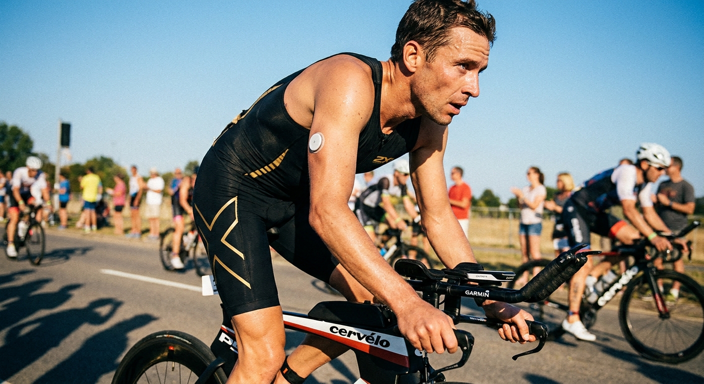Triathlete on TT bike with CGM sensor visible on upper arm during a race