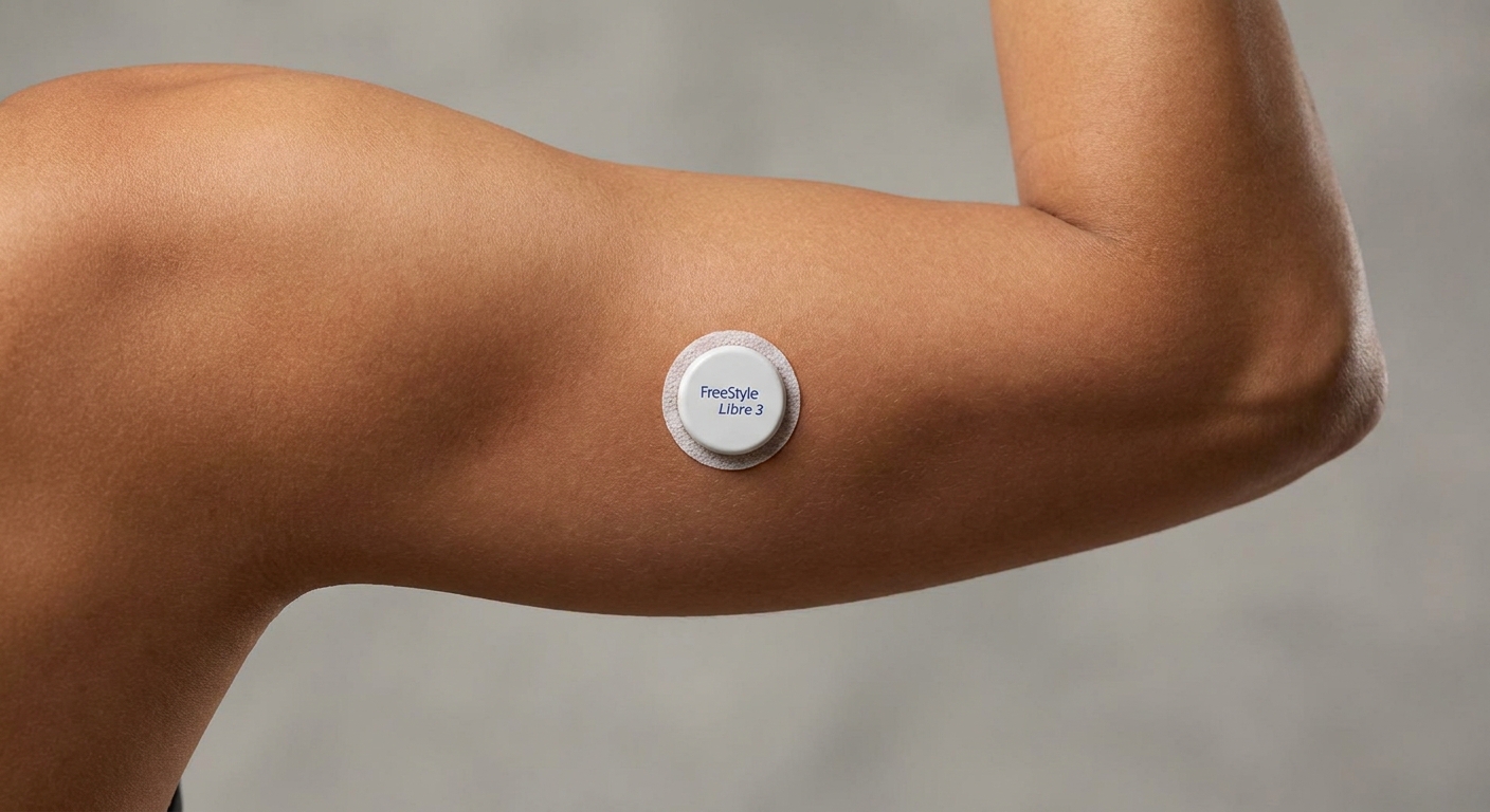 Abbott FreeStyle Libre 3 Plus CGM sensor on athlete arm