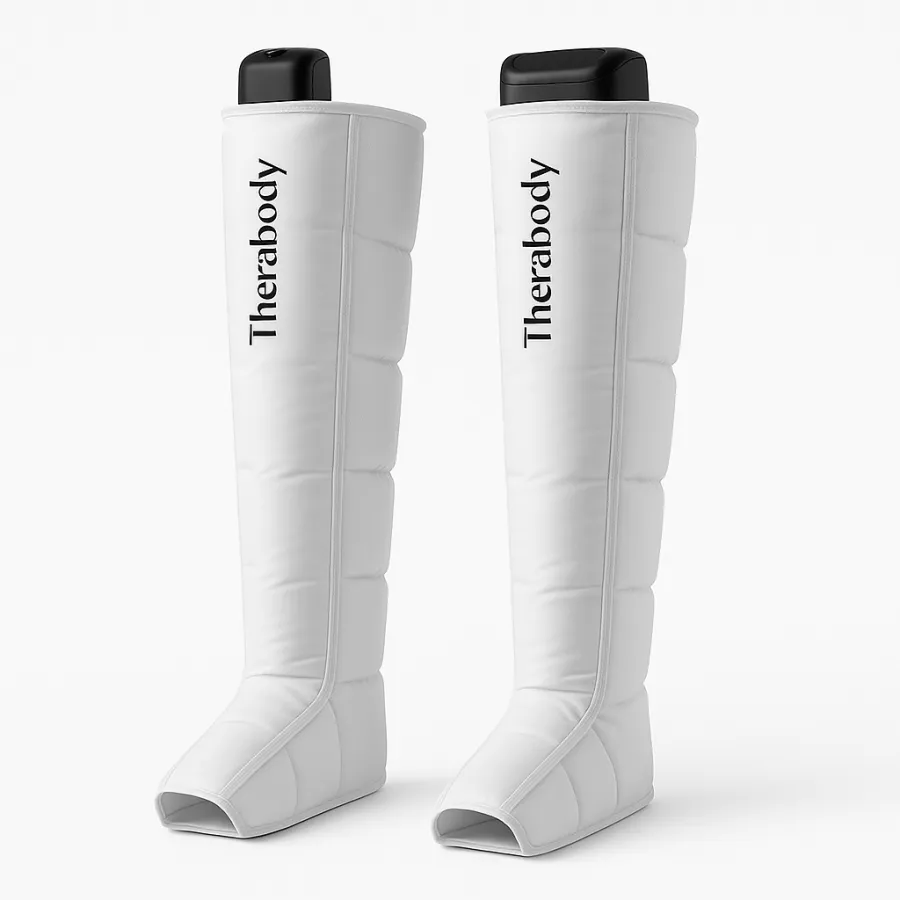 Therabody RecoveryAir JetBoots Prime wireless compression boots in white and black, standing upright