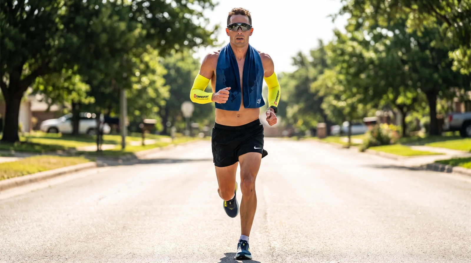 A triathlete running on a hot sunny road wearing a cooling towel around the neck and cooling arm sleeves during a summer training run