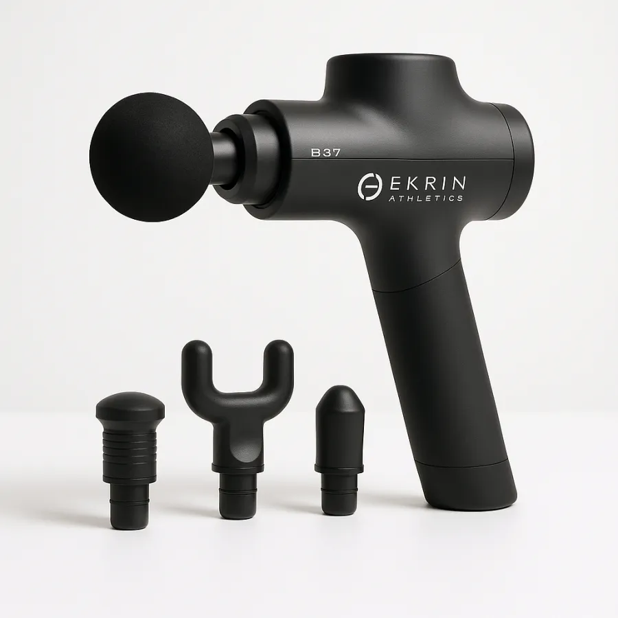 Ekrin Athletics B37v2 massage gun in black with angled handle on a gym mat