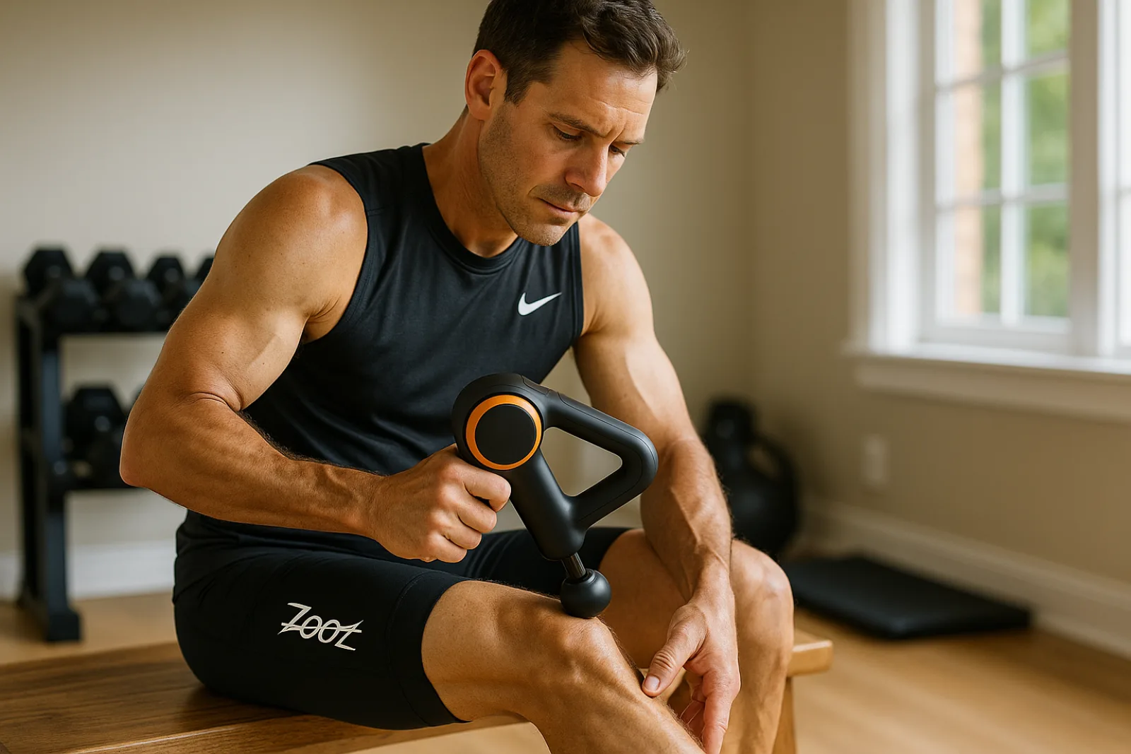 Triathlete using a Theragun massage gun on sore calf muscles after a long training ride