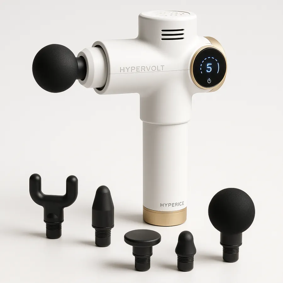 Hyperice Hypervolt 2 Pro massage gun in white and gold on a clean white surface with five attachment heads