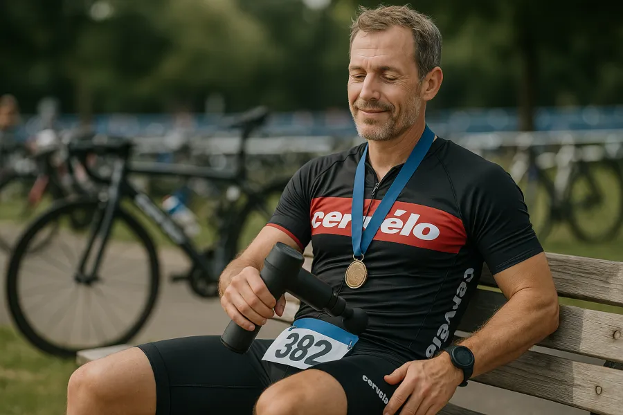 Triathlete sitting on a bench in transition area using a massage gun on their hamstring after a race