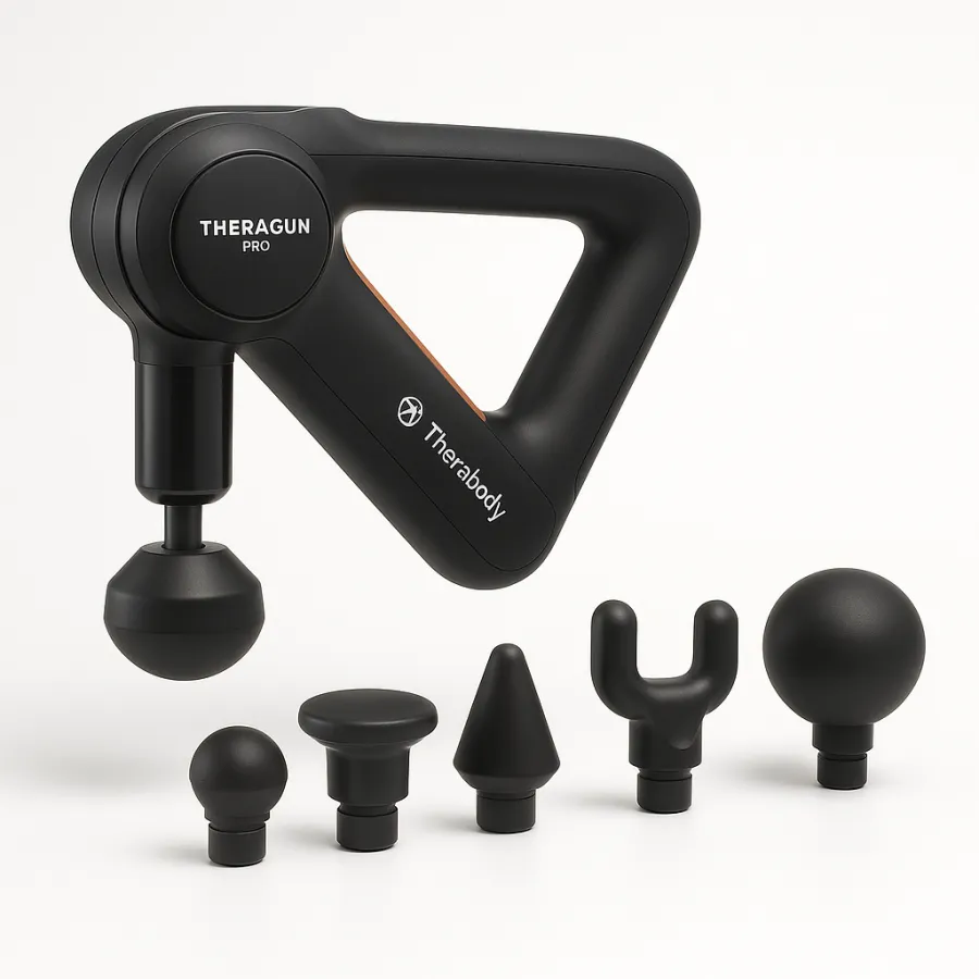 Theragun PRO Plus massage gun with triangular handle and six attachments on a gym floor