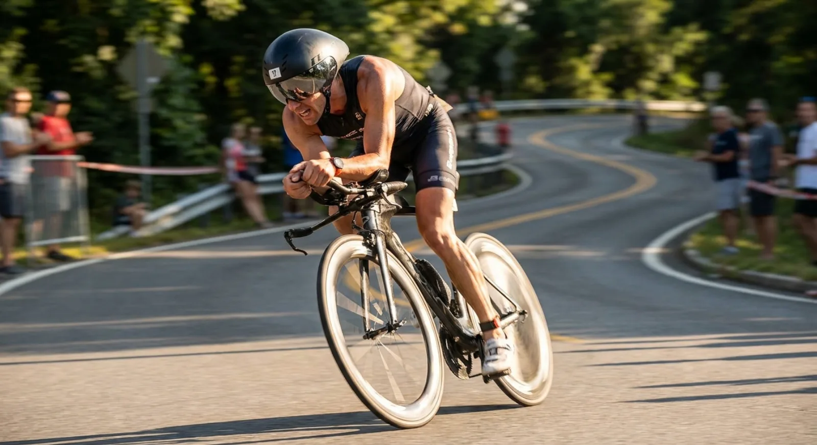 Triathlete in aerodynamic position on time trial bike wearing aero helmet