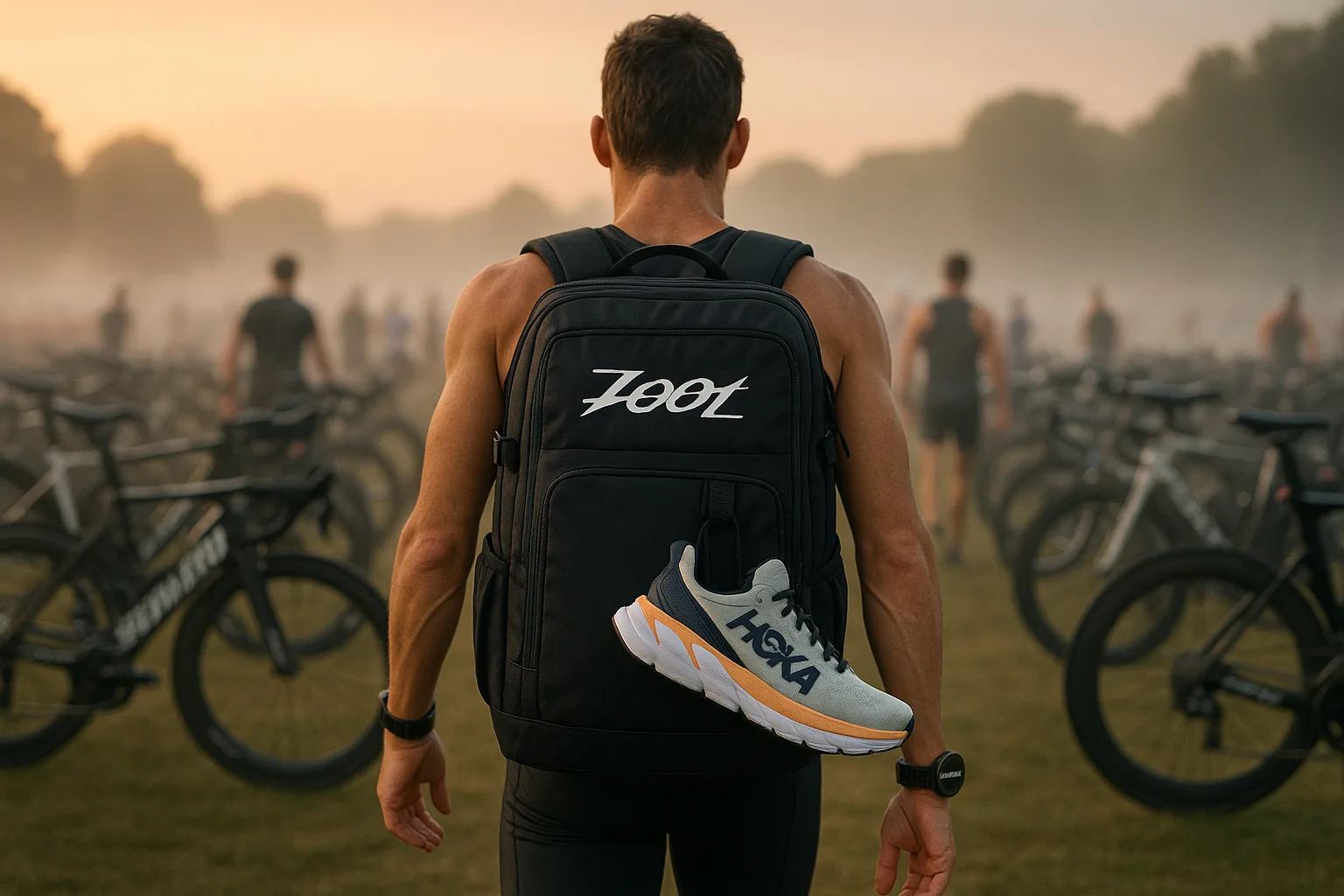 Triathlete carrying a large transition backpack toward a transition area at dawn with racked bikes behind