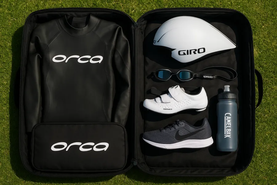 A triathlon transition bag opened flat on grass with wetsuit, cycling shoes, running shoes, helmet, and goggles organized inside