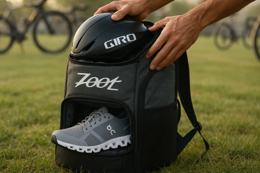 Triathlete lifting an aero helmet out of the padded top compartment of a transition backpack