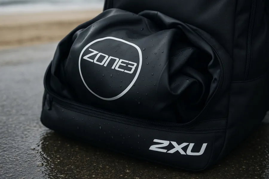 Open wet/dry compartment of a triathlon bag with a damp wetsuit stuffed inside near a beach swim exit