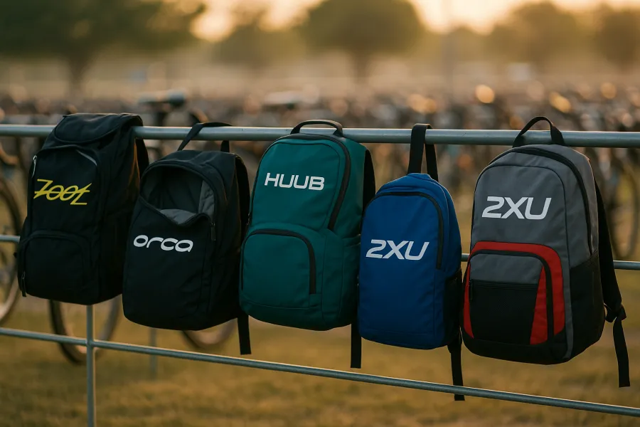 A row of colorful triathlon transition bags hanging on a fence at a race transition area in morning light