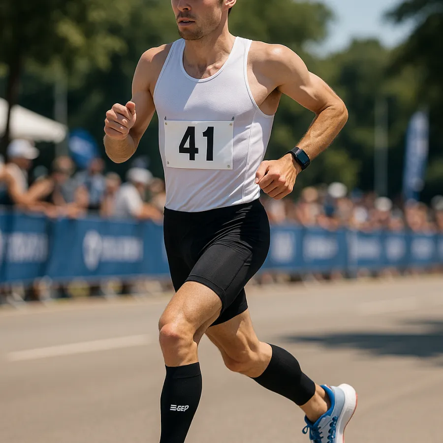 Runner wearing Compressport R2V2 calf sleeves during a triathlon run leg on a paved course