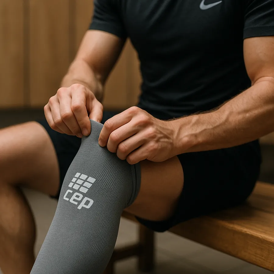 Close-up of a triathlete pulling on a CEP compression calf sleeve before a training session