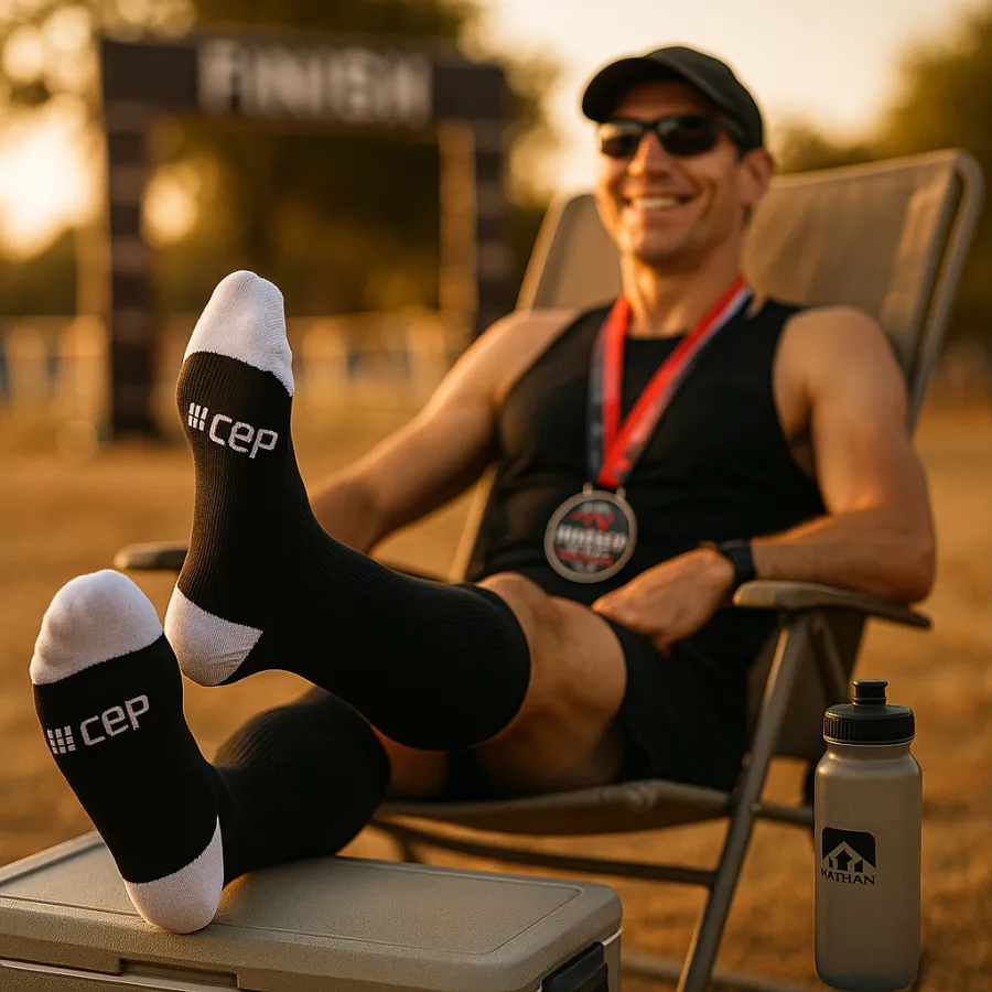 Triathlete relaxing post-race with feet up wearing tall CEP compression recovery socks