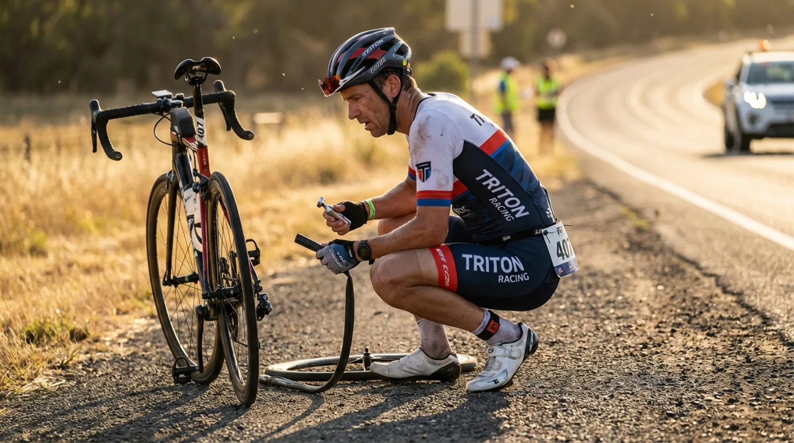 Triathlete fixing a flat tire on a road bike during a race