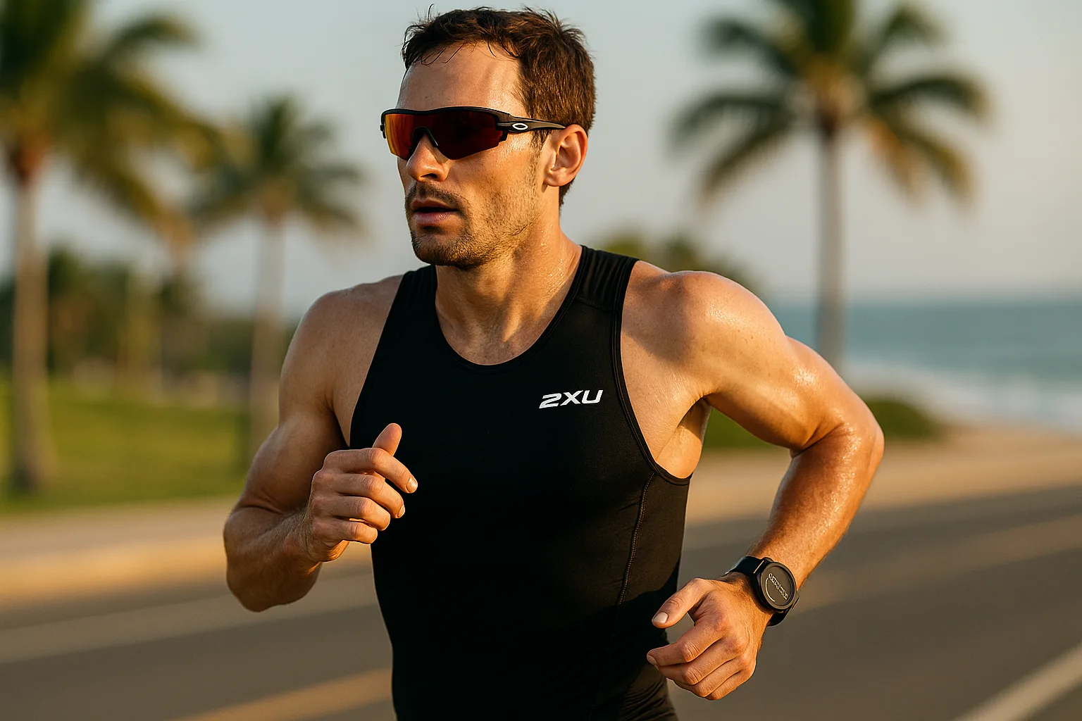 Triathlete running on a sunny coastal road wearing wraparound sport sunglasses