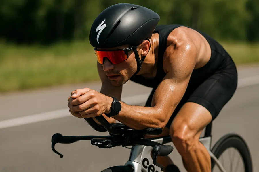 Cyclist in aero position on a time-trial bike wearing a large shield-lens sport sunglass