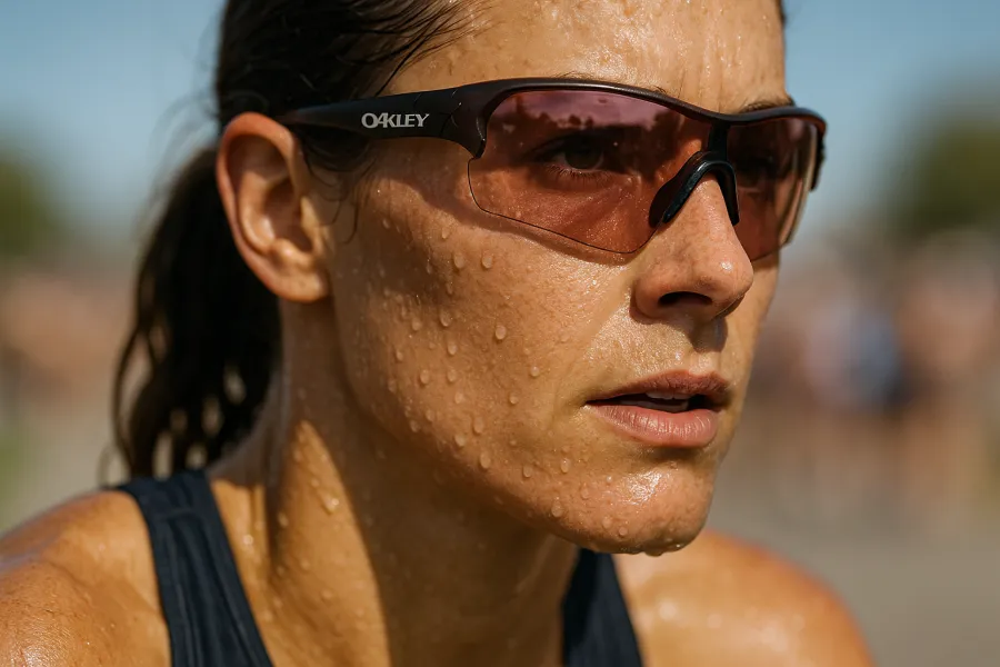 Close-up of a sweating triathlete's face showing sport sunglasses gripping at the nose and temples