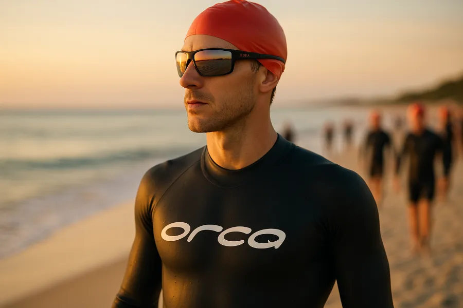 Triathlete at a beach swim start wearing mirrored wraparound sunglasses reflecting the ocean