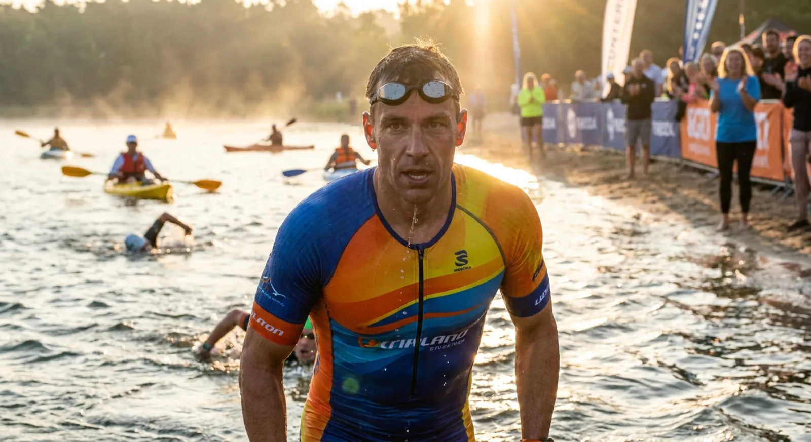 Triathlete emerging from open water swim with goggles on forehead