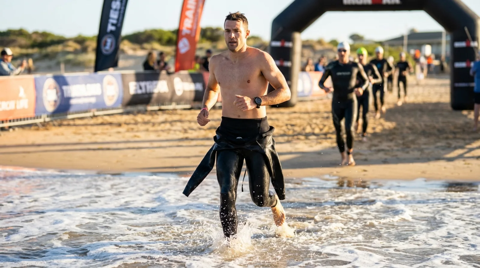 Triathlete at swim exit with GPS watch visible