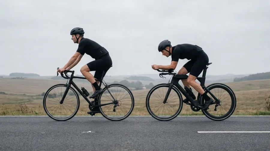 Side-by-side comparison showing upright road bike position versus aero tuck TT bike position, demonstrating hip angle difference