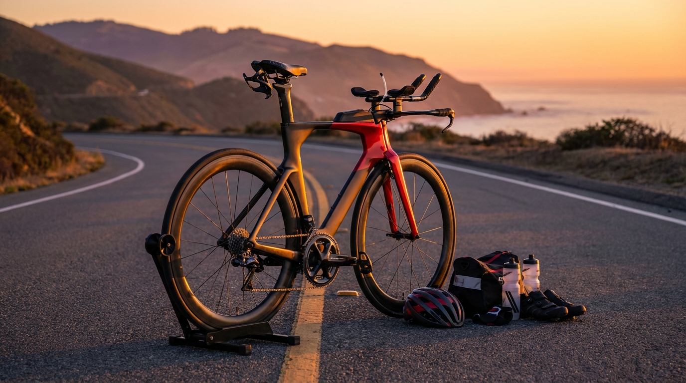 Budget triathlon bike on open road at golden hour